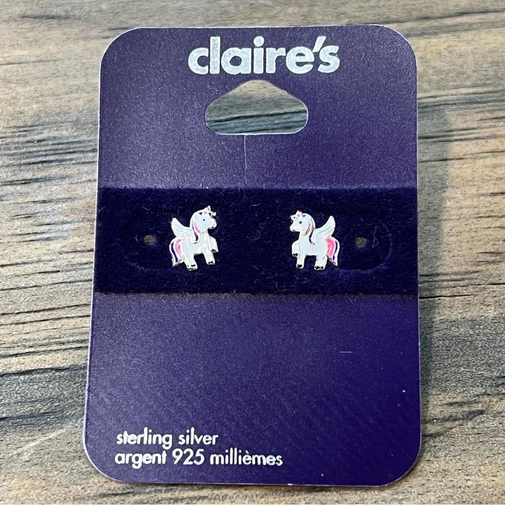 NEW Claire's Sterling Silver Unicorn Butterfly & Gemstone Stud Earring Set Kids‎